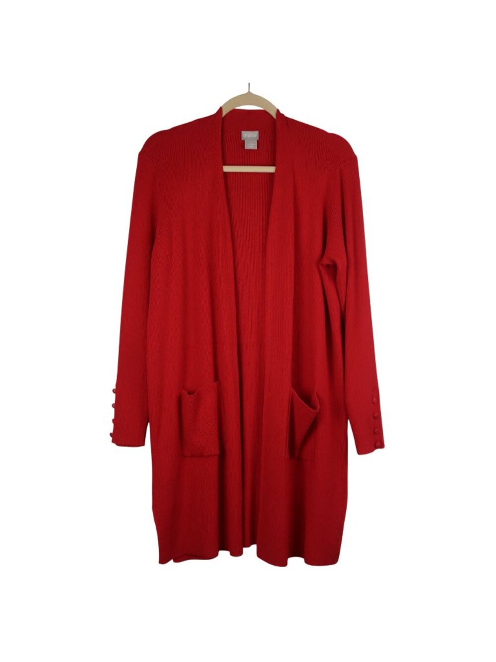 Chicos 1 M Open Front Red Long Ribbed Cardigan Sweater Button Cuff Pockets